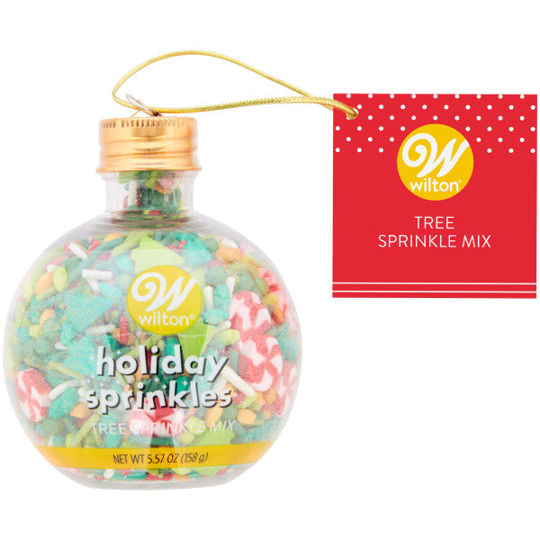 Wilton Christmas Sprinkles Mix, 5.57 oz. jimmies, sugar pearls, lightbulb shaped sprinkles, peppermint swirl shaped sprinkles and tree-shaped sprinkles