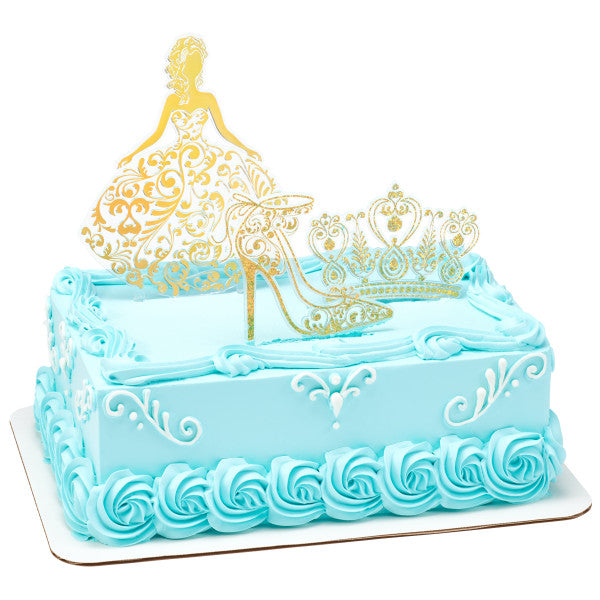 Princess, Crown and Shoe Gold Quinceañera Cake Kit Topper