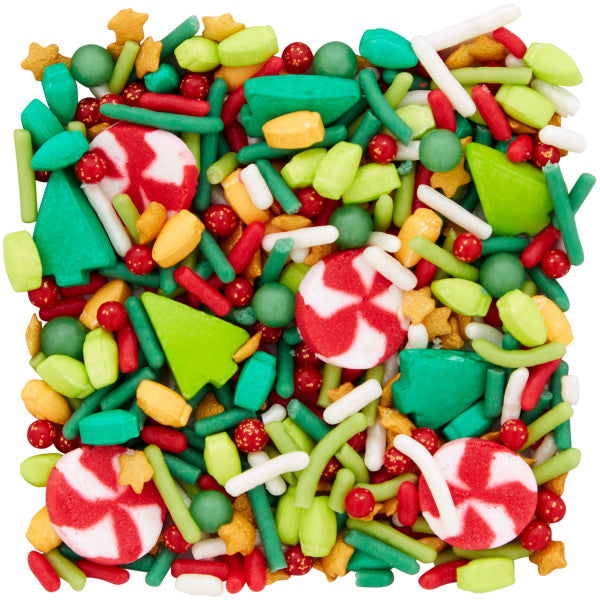 Wilton Christmas Sprinkles Mix, 5.57 oz. jimmies, sugar pearls, lightbulb shaped sprinkles, peppermint swirl shaped sprinkles and tree-shaped sprinkles