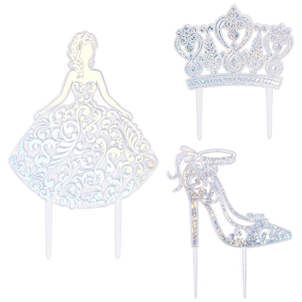 Princess, Crown and Shoe Silver Quinceañera Cake Kit Topper