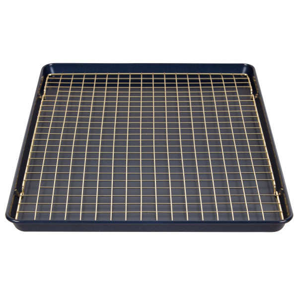 Wilton Non-Stick Diamond-Infused Navy Blue Mega Cookie Sheet with Gold Cooling Grid Set