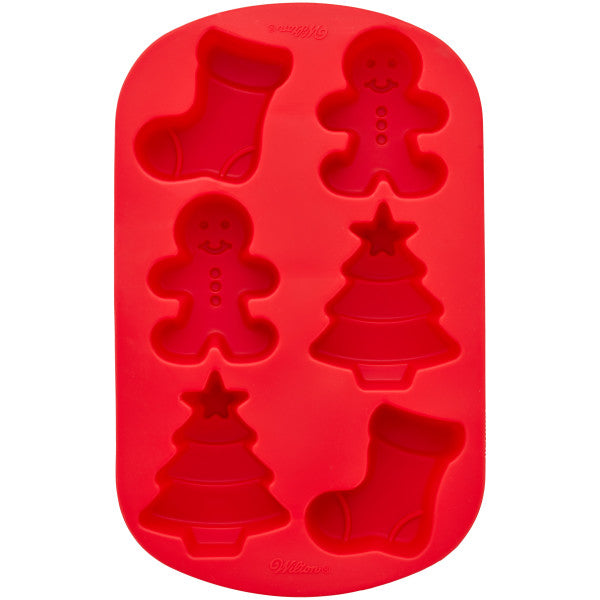 Wilton Christmas Stocking, Tree and Gingerbread Boy Silicone Baking and Candy Mold, 6-Cavity