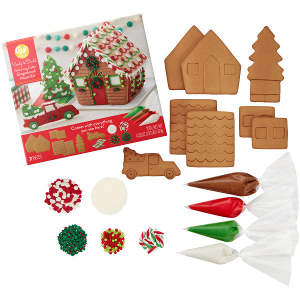 Wilton Ready-to-Build Giant Log Cabin, Truck and Tree Gingerbread House Kit, 21-Piece