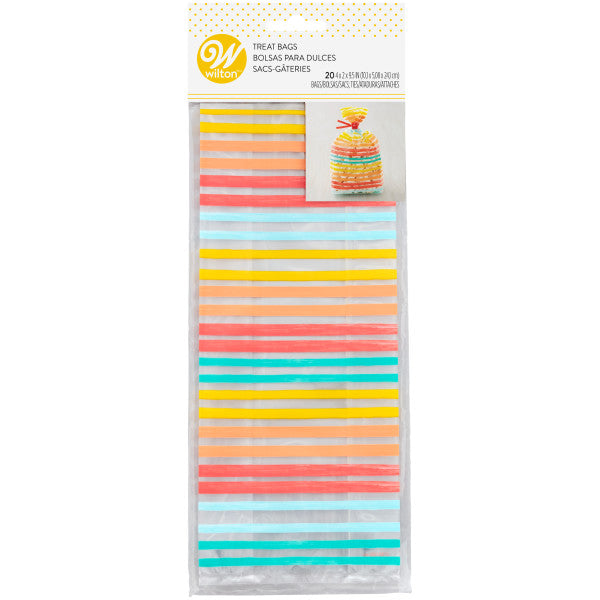 Wilton Yellow, Orange, Red and Blue Striped Treat Bags and Ties, 20-Count